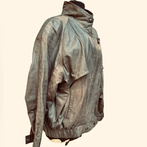 Vtg 90s Express Brown Distressed Oversized Grunge Moto Bomber Leather Coat L - Picture 5 of 10